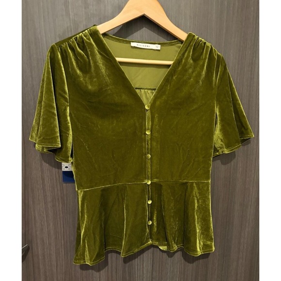 Ellison Blouse Top Women's Small Green Velvet Pleated Short Sleeve Button Front - Picture 1 of 7
